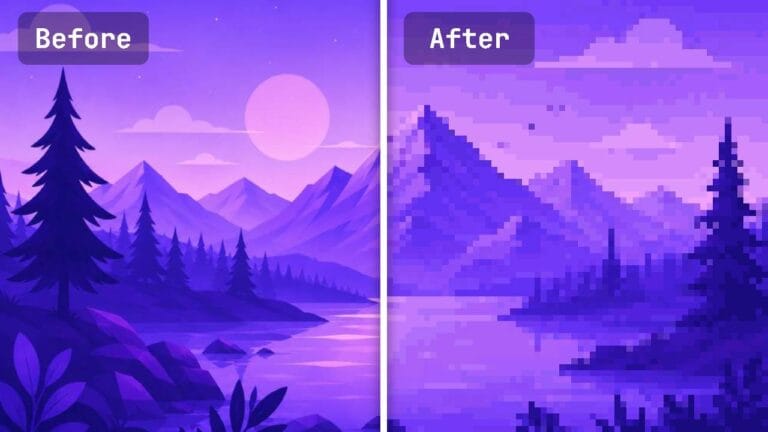 Before and after example of a photo converted to pixel art