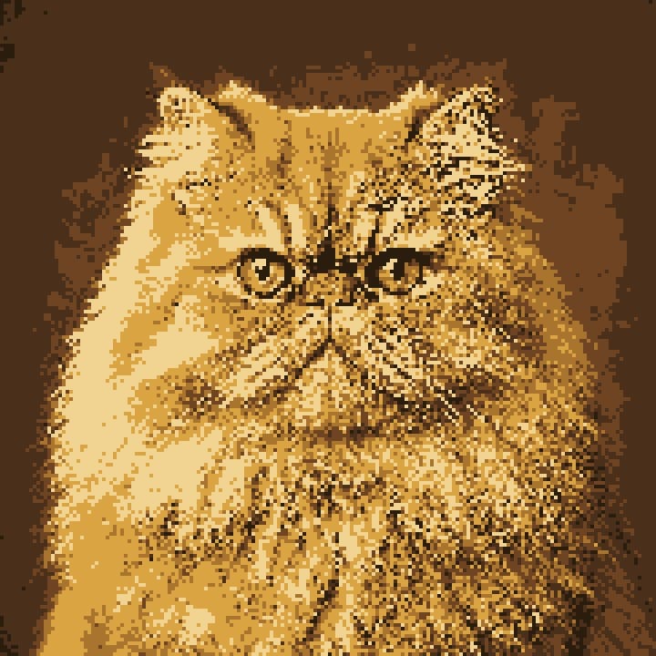 Persian cat converted to pixel art with sharp sampling and a sepia palette