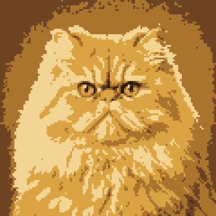 Persian cat converted to pixel art with smooth sampling and a sepia palette